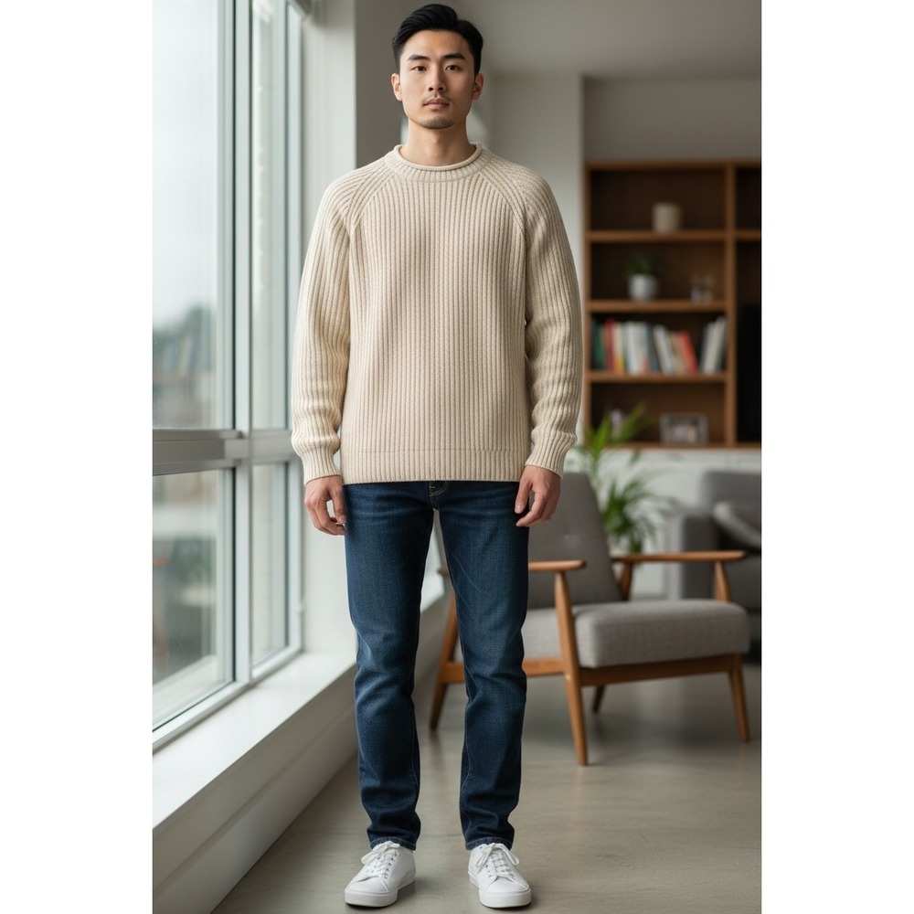 LL Bean Mens Medium Roll neck Knit pullover Cotton Sweater Tan 0VR04 fisherman